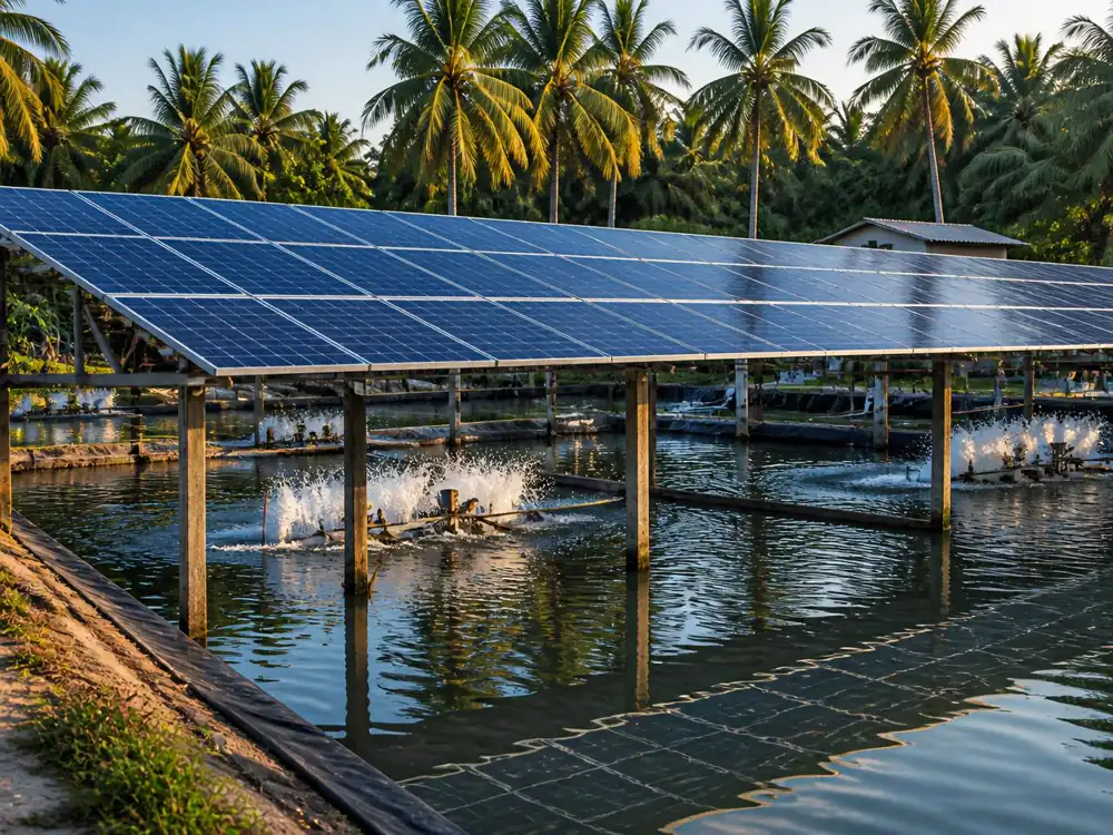 Solar panels installed over a tropical shrimp aquaculture farm