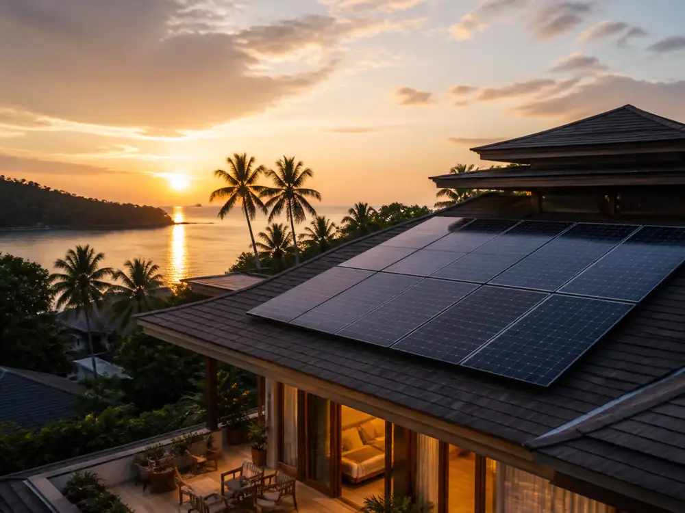 Modern villa in tropical Thailand with rooftop solar panels at sunset