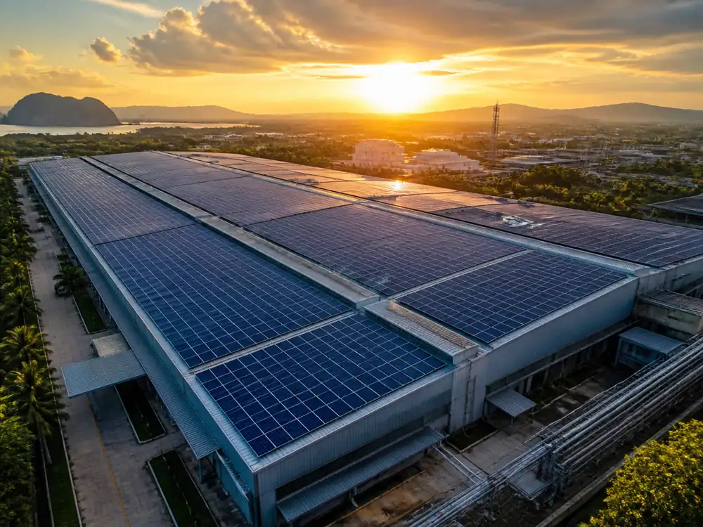 Aerial view of a large industrial factory rooftop covered with solar panels