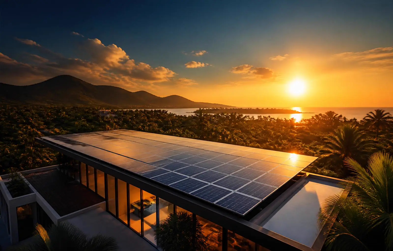 Cinematic view of a modern rooftop solar array in tropical South Thailand at sunset